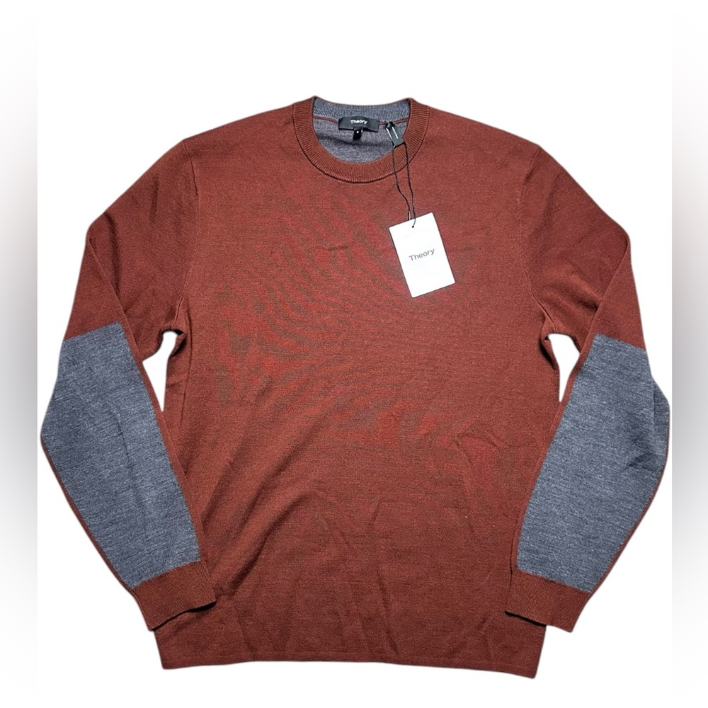 Theory Arnaud Crewneck Pullover Sweater Men Size S Merino Wool Burgundy Gray